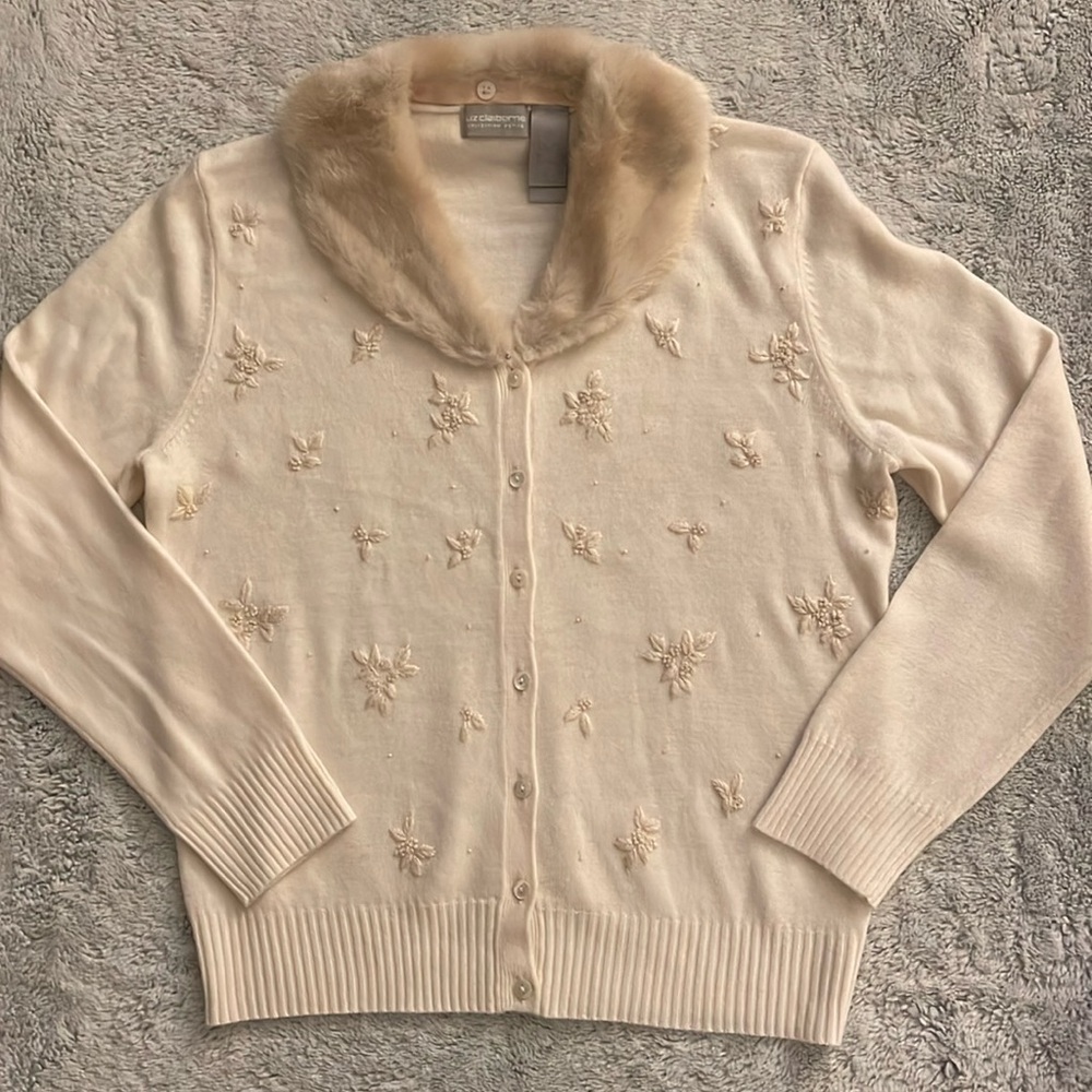 Liz Claiborne Faux Fur Collared Sweater SZ S  EUC